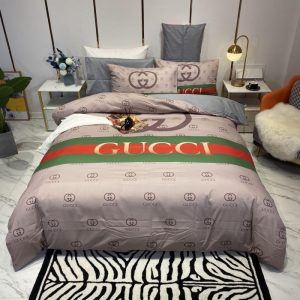 Gucci Logo Brand Bedding Set Home Decor Bedspread Bedroom Luxury