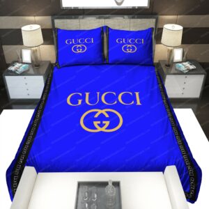 Blue Gucci Logo Brand Bedding Set Luxury Home Decor Bedroom Bedspread