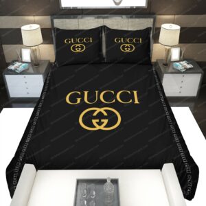 Black Gucci Logo Brand Bedding Set Bedspread Bedroom Luxury Home Decor