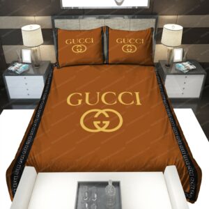 Brown Gucci Logo Brand Bedding Set Home Decor Luxury Bedspread Bedroom