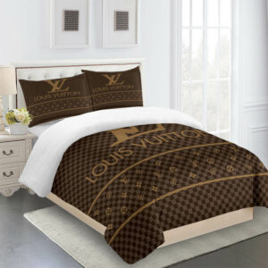 Brown And Gold Louis Vuitton Logo Brand Bedding Set Bedroom Bedspread Luxury Home Decor