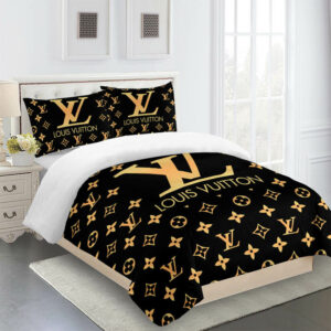 Brown And Beige Louis Vuitton Logo Brand Bedding Set Bedroom Bedspread Home Decor Luxury