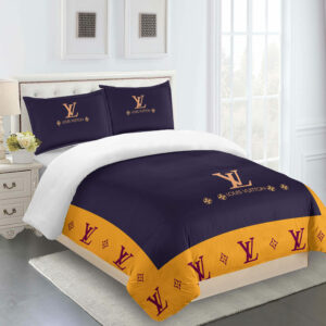 Blue And Yellow Louis Vuitton Logo Brand Bedding Set Bedroom Bedspread Home Decor Luxury