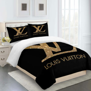 Black Dark Beige Full Louis Vuitton Logo Brand Bedding Set Bedspread Luxury Home Decor Bedroom