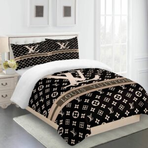 Beige Brown Louis Vuitton Logo Brand Bedding Set Bedspread Bedroom Luxury Home Decor