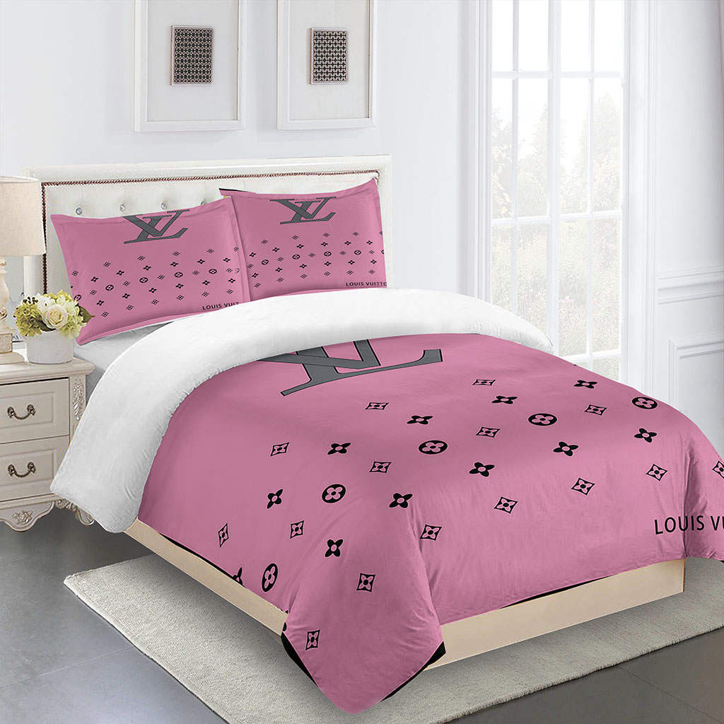 Beautiful Pink Louis Vuitton Logo Brand Bedding Set Luxury Bedspread Home Decor Bedroom