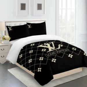 Beautiful Beige And Black Louis Vuitton Logo Brand Bedding Set Luxury Home Decor Bedroom Bedspread