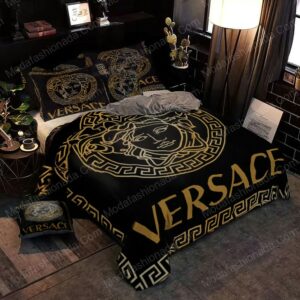 Black And Gold Versace Logo Brand Bedding Set Bedroom Home Decor Luxury Bedspread