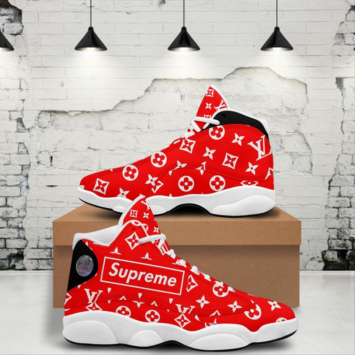 LV Louis Vuitton All Red Supreme Air Jordan 13 Luxury Sneakers Trending Shoes Fashion