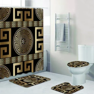 Black Gold Greek Key Meander Bathroom Set Luxury Fashion Brand Bath Mat Home Decor Hypebeast