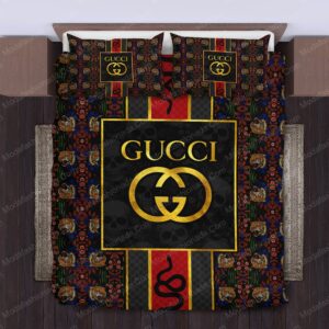Gucci Pattern Tiger Snake Skull Logo Brand Bedding Set Luxury Bedspread Home Decor Bedroom