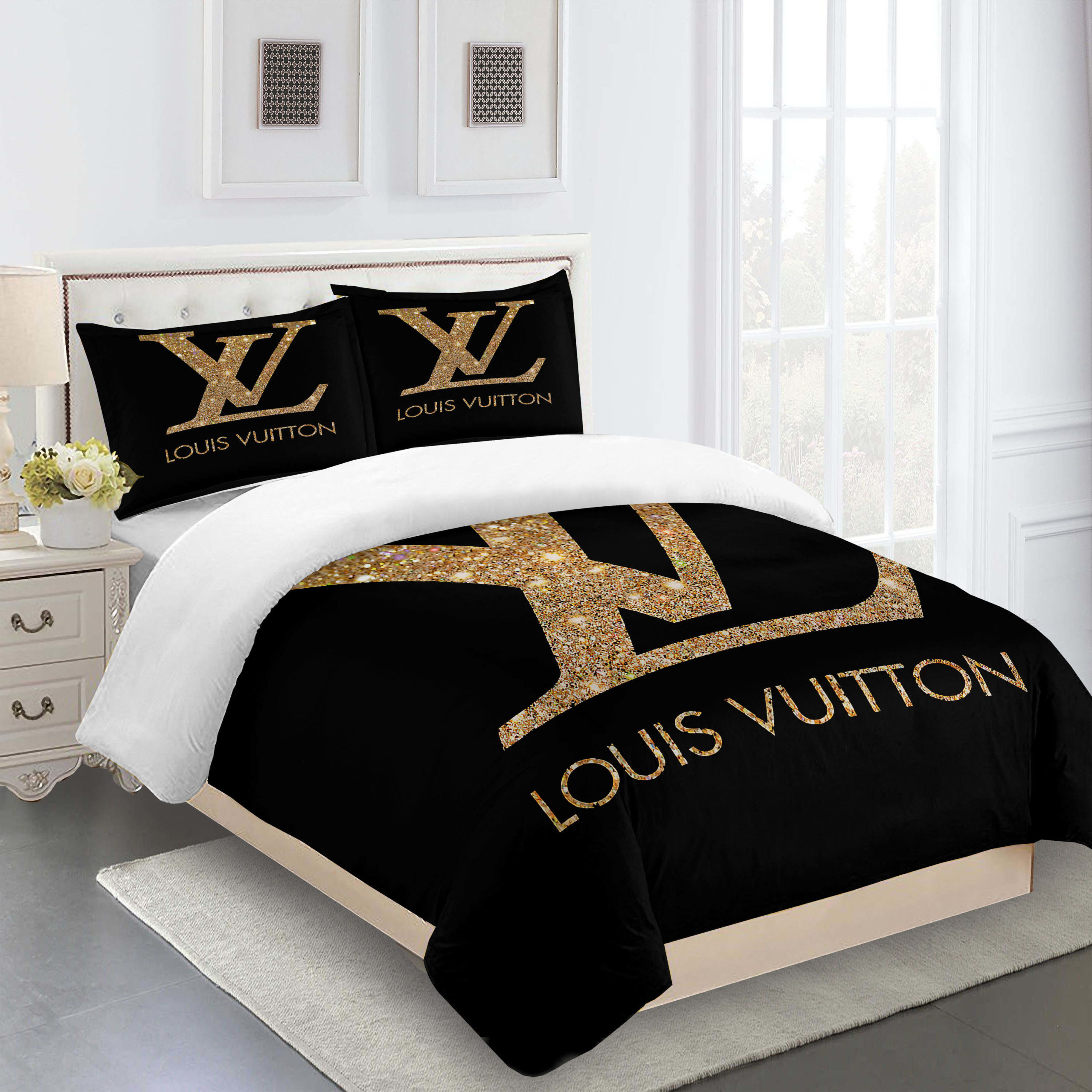 Black Dark Beige Full Louis Vuitton Logo Brand Bedding Set Luxury Bedroom Bedspread Home Decor