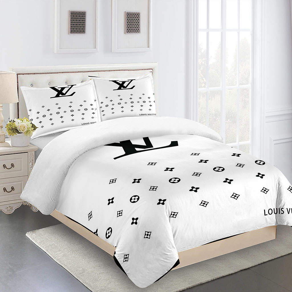 Black White Louis Vuitton Logo Brand Bedding Set Bedspread Home Decor Bedroom Luxury