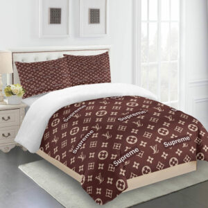 Brown Supreme Full Louis Vuitton Logo Brand Bedding Set Bedspread Luxury Bedroom Home Decor