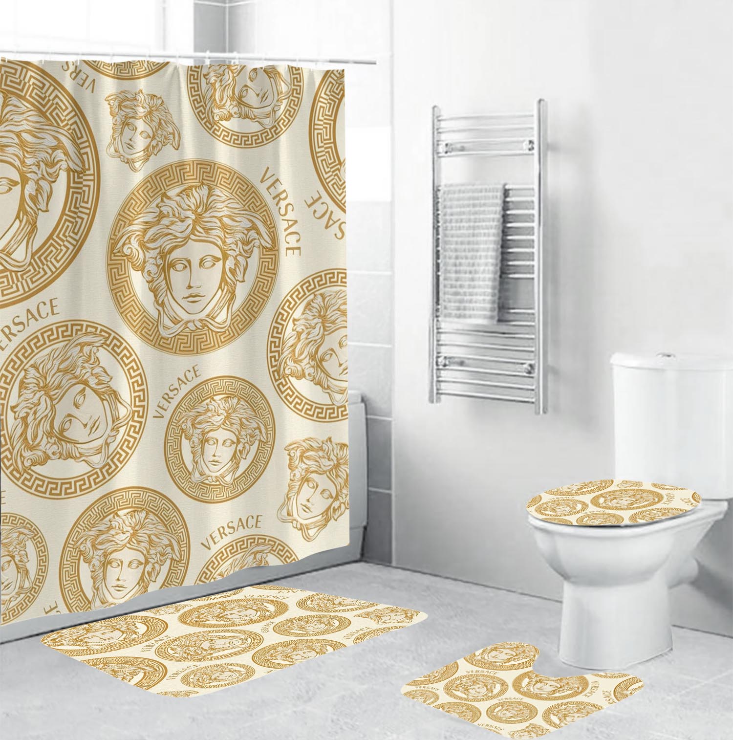 Versace Yellowpattern In Beige Background Bathroom Set Bath Mat Hypebeast Home Decor Luxury Fashion Brand