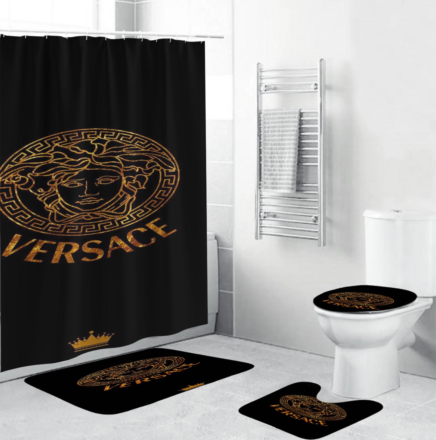 Versace Golden Glitterin Black Bathroom Set Luxury Fashion Brand Bath Mat Hypebeast Home Decor