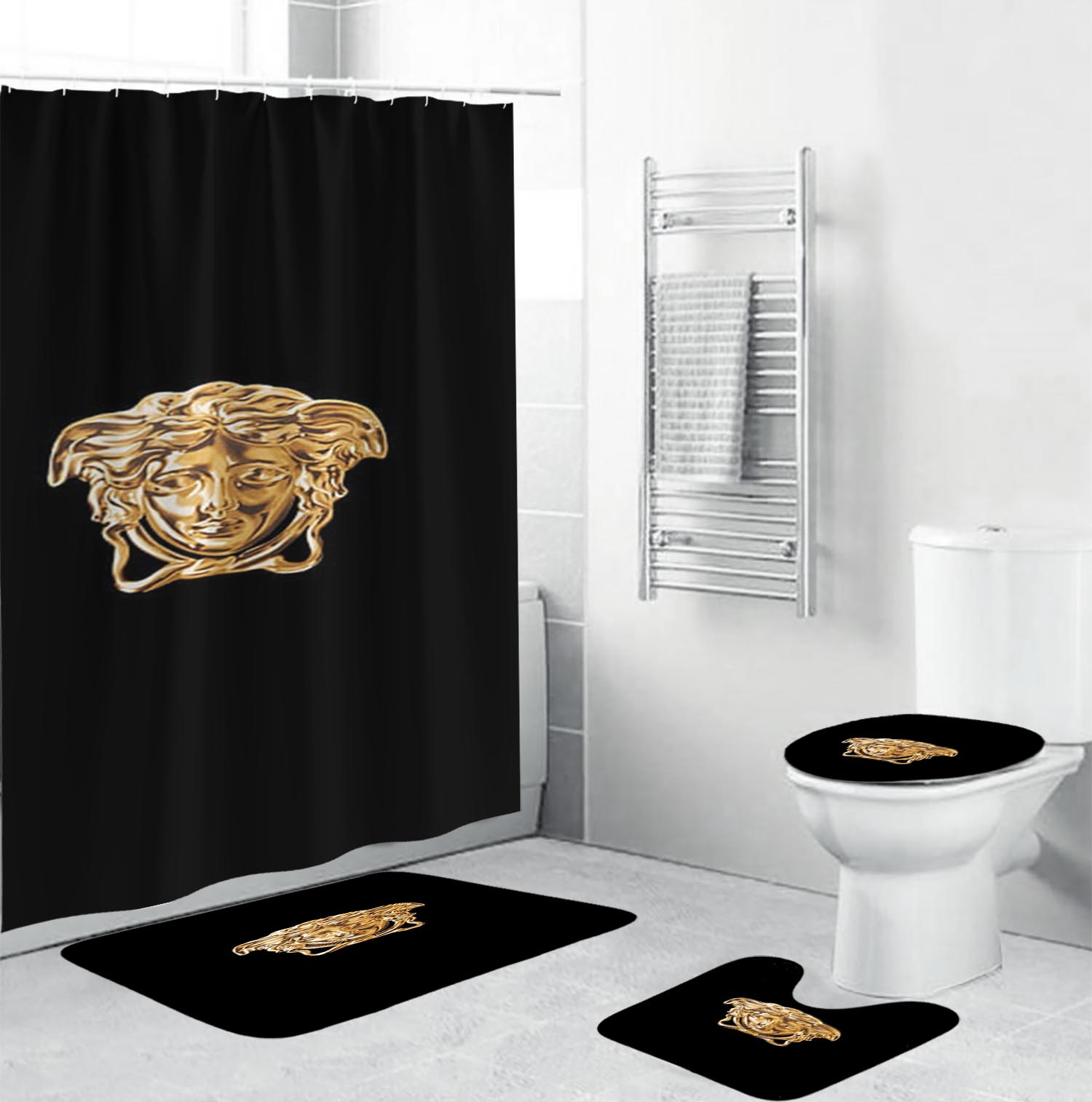 Versace Golden Medusa Face In Black Bathroom Set Bath Mat Home Decor Luxury Fashion Brand Hypebeast