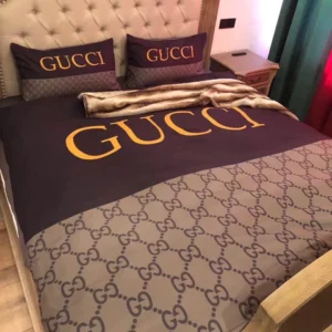 Gucci Brown Beige Logo Brand Bedding Set Bedroom Home Decor Bedspread Luxury