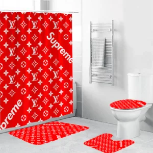 Louis Vuitton Supreme Red Bathroom Set Luxury Fashion Brand Hypebeast Home Decor Bath Mat