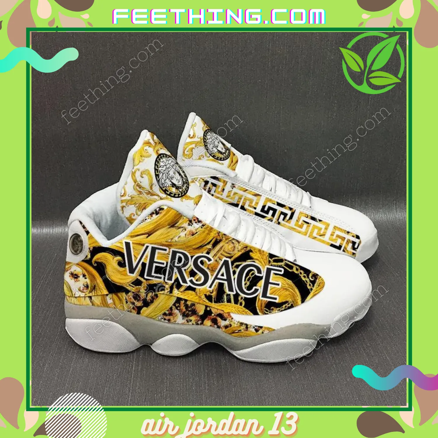 Versace Black Gold Pattern Logo  Air Jordan 13 Luxury Sneakers Shoes Trending Fashion