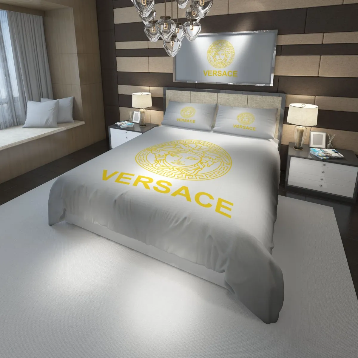 Versace White Golden Logo Brand Bedding Set Luxury Bedroom Home Decor Bedspread