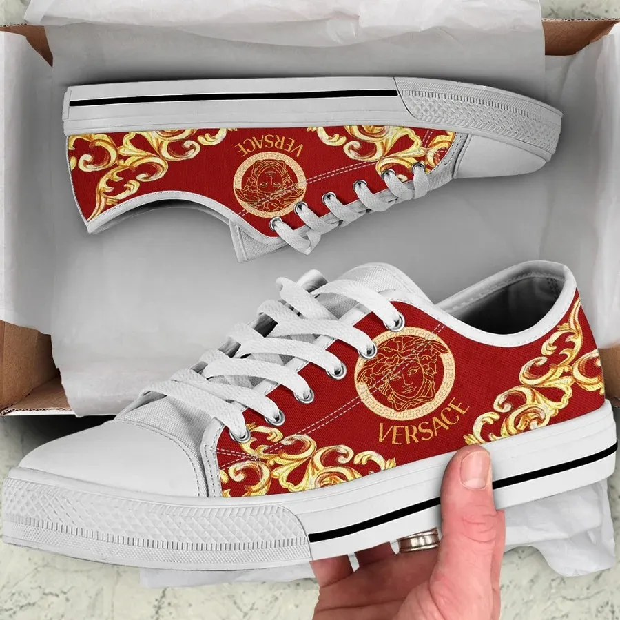 Versace Medusa Red Golden Low Top Canvas Shoes Luxury Brand