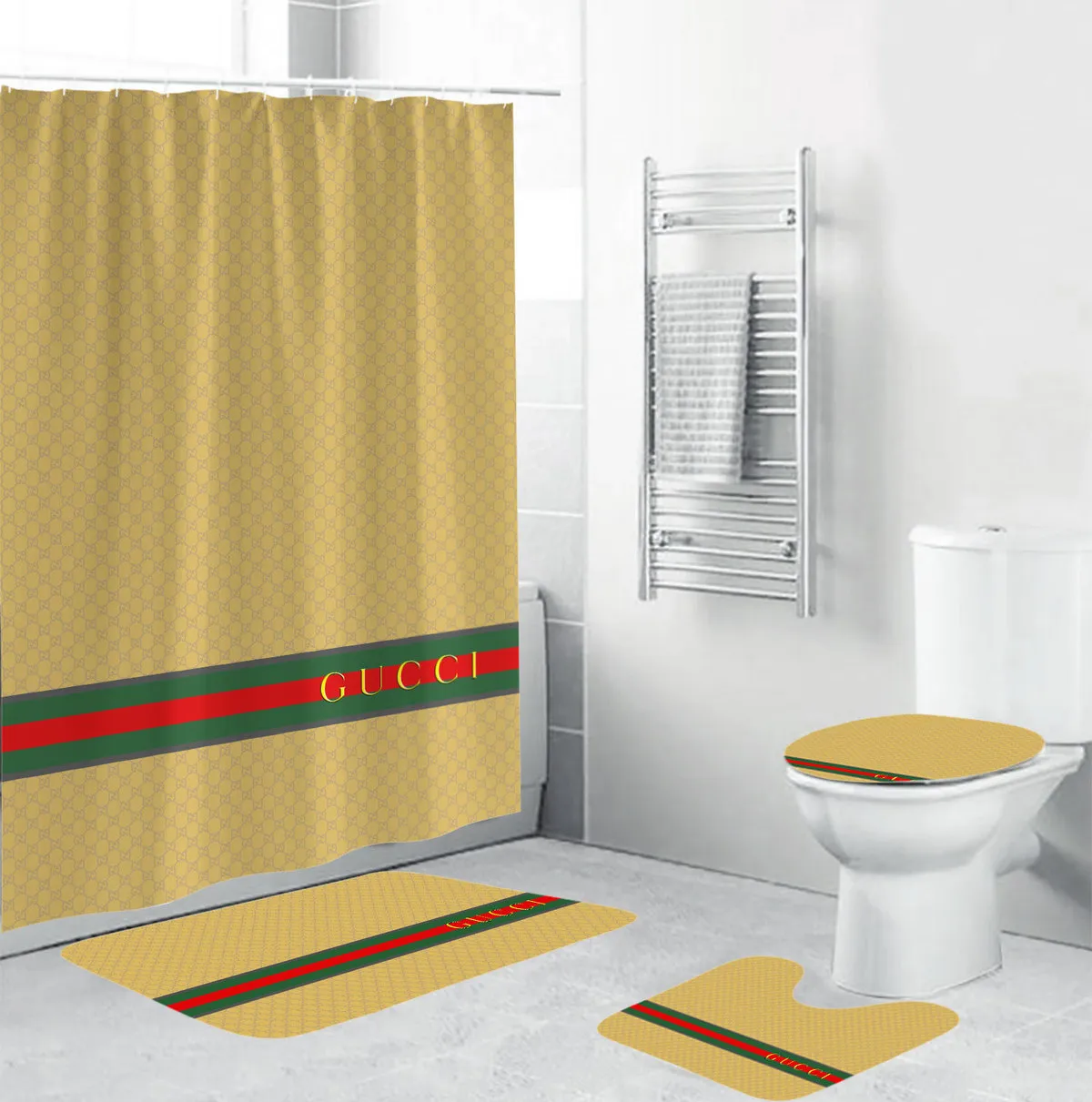 Yellow Gucci Bathroom Set Hypebeast Luxury Fashion Brand Home Decor Bath Mat