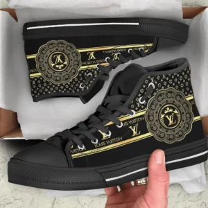 Louis Vuitton Yellow Pattern Black High Top Canvas Shoes Luxury Brand Gifts For Men Women