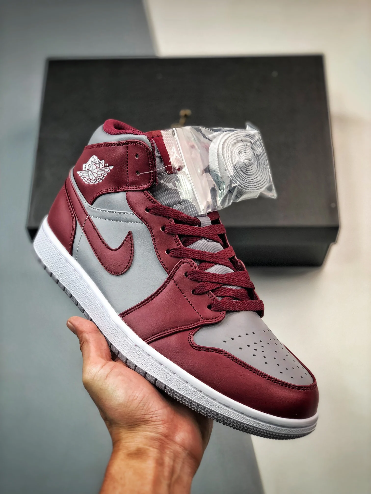Air Jordan 1 Mid Cherrywood Red Cement Grey White For Sale