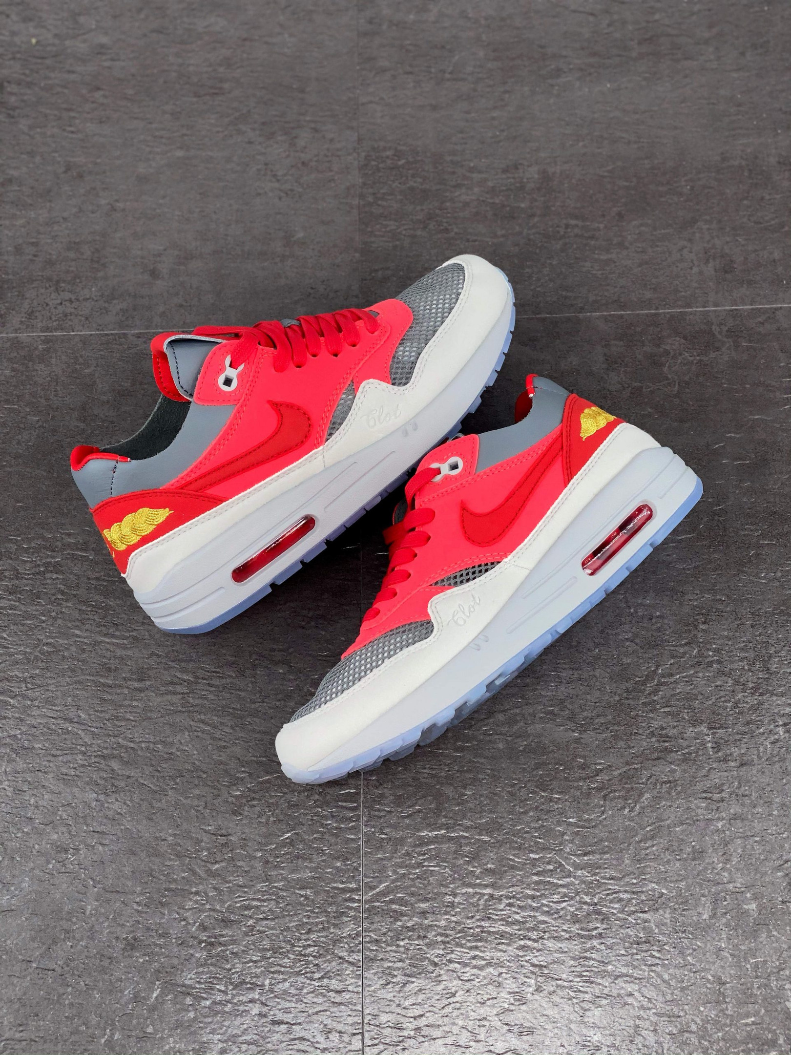 Clot x Nike Air Max 1 K.O.D. Solar Red University Red-Cool Grey For Sale