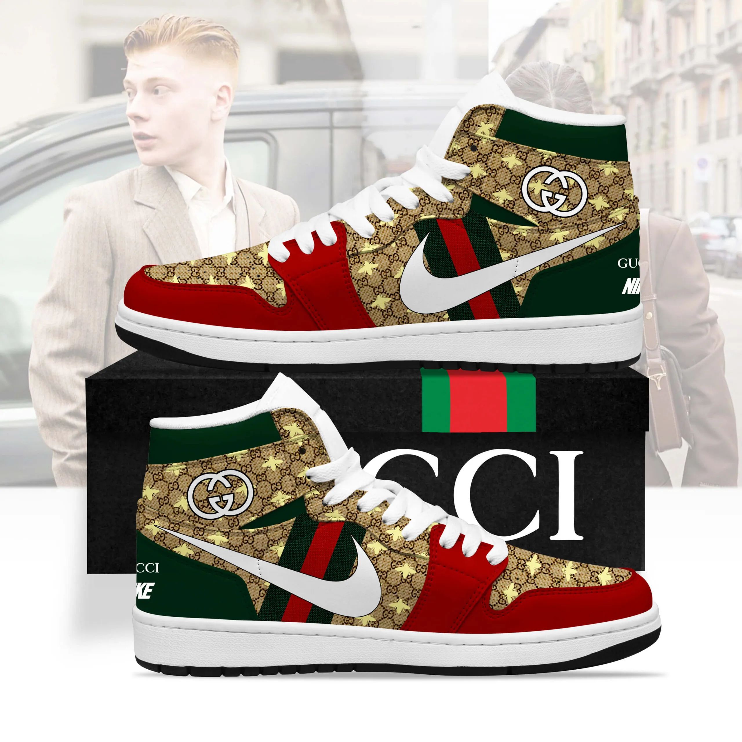 Gucci Golden Bees High Air Jordan Sneakers Shoes Luxury Fashion Brand