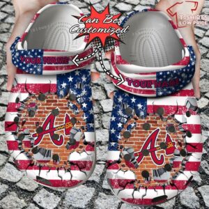 Atlanta Braves Baseball Team American Flag Breaking Wall Crocs Shoes DN