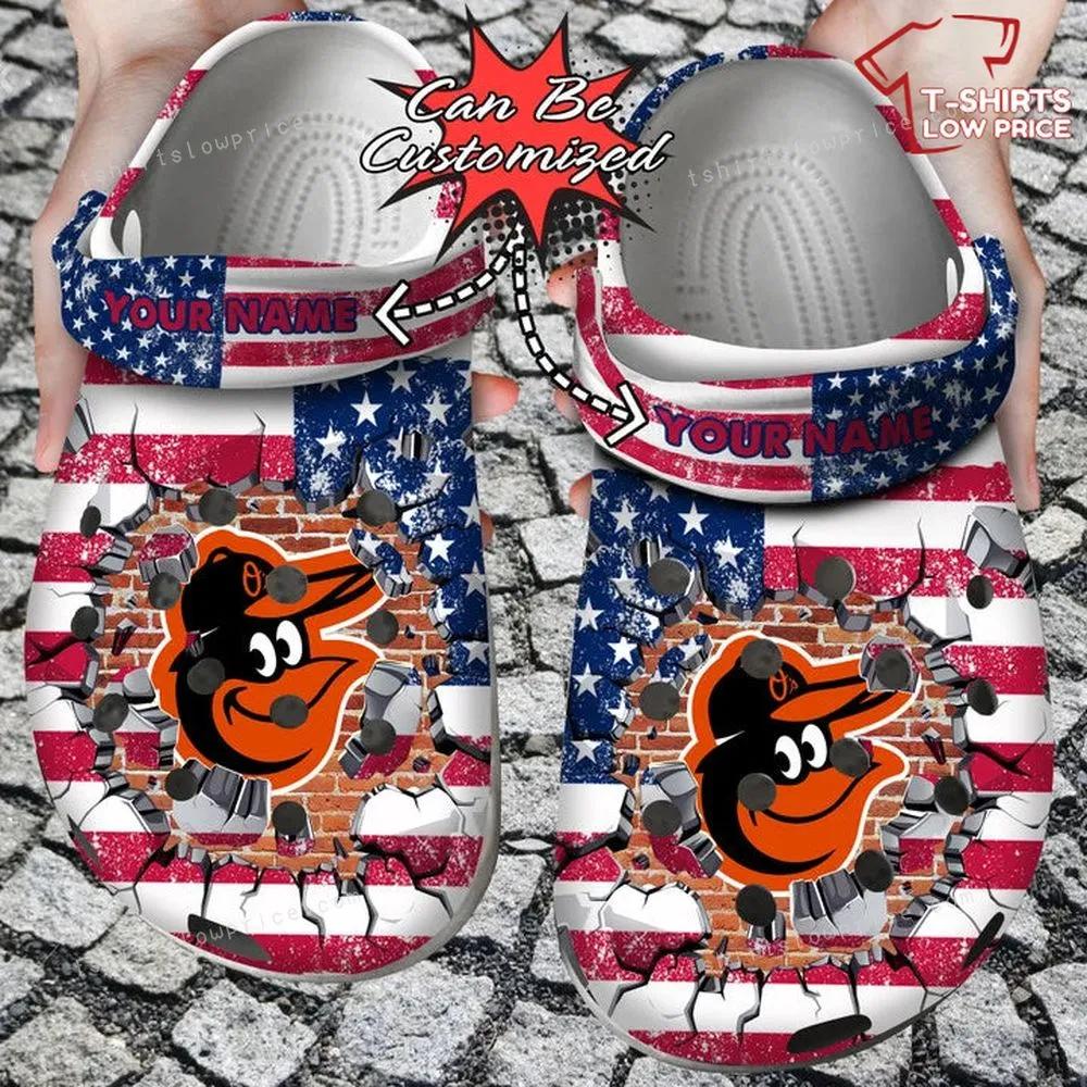 Baltimore Orioles American Flag Breaking Wall Crocs Shoes XI