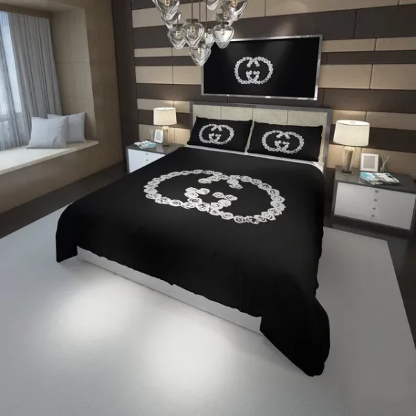 Gucci Rose Black Logo Brand Bedding Set Bedspread Home Decor Bedroom Luxury