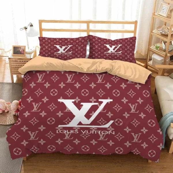 Louis Vuitton Red Logo Brand Bedding Set Bedroom Home Decor Luxury Bedspread