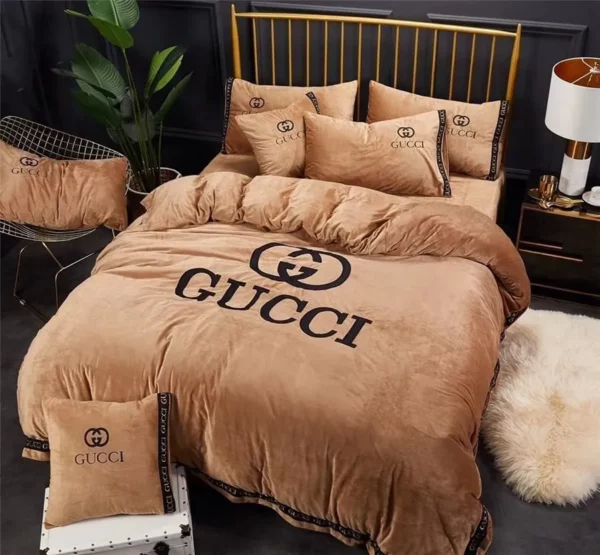Gucci Brown Logo Brand Bedding Set Bedroom Luxury Bedspread Home Decor