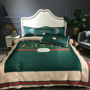 Gucci Dark Green Logo Brand Bedding Set Bedspread Luxury Bedroom Home Decor