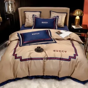 Gucci Beige Navy Logo Brand Bedding Set Bedroom Bedspread Luxury Home Decor