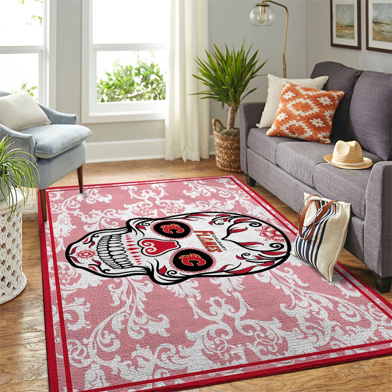 Calgary Flames Nhl Team Logo Skull Flower Type 7239 Rug Area Carpet Home Decor Living Room