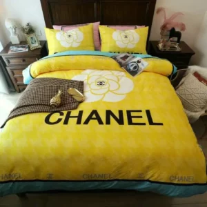 Chanel Yellow Roses Logo Brand Bedding Set Bedroom Luxury Bedspread Home Decor