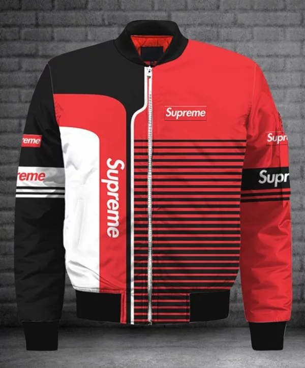 Supreme Logo Red Bomber Jacket Outfit Fashion Brand Luxury