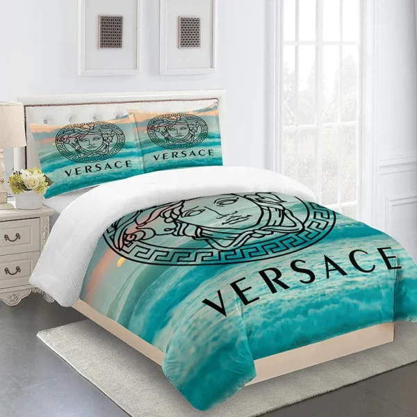 Versace Blue Sea Logo Brand Bedding Set Bedroom Luxury Bedspread Home Decor
