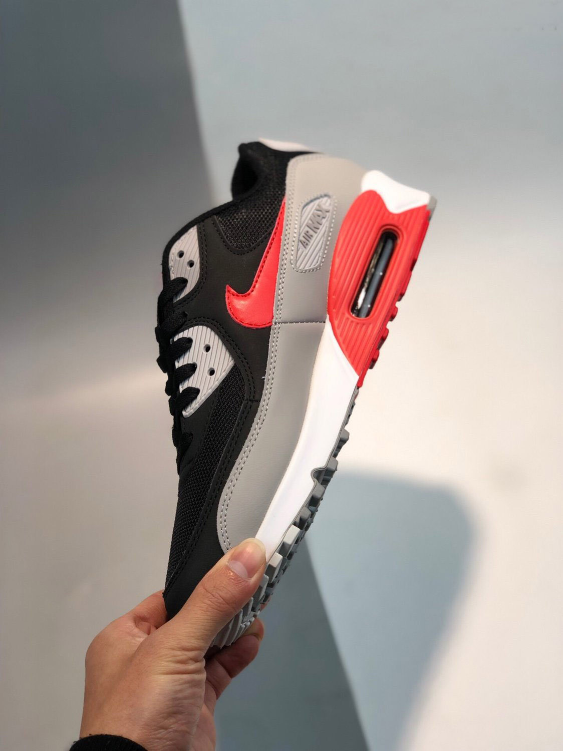 Nike Air Max 90 Wolf Grey Black White Bright Crimson For Sale