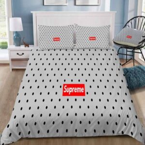 Louis Vuitton Supreme Light Grey Logo Brand Bedding Set Bedroom Home Decor Bedspread Luxury
