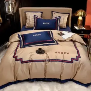 Gucci Beige Navy Logo Brand Bedding Set Bedroom Bedspread Luxury Home Decor