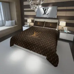 Louis Vuitton Brown Logo Brand Bedding Set Bedspread Bedroom Luxury Home Decor