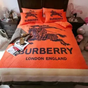 Burberry Orange Logo Brand Bedding Set Luxury Bedspread Home Decor Bedroom