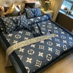 Louis Vuitton Blue And Black Logo Brand Bedding Set Home Decor Luxury Bedroom Bedspread