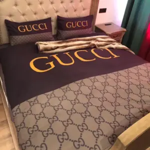 Gucci Brown Beige Logo Brand Bedding Set Bedroom Home Decor Bedspread Luxury