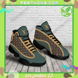Louis Vuitton Emerald Green Interspersed Brown Golden Logo Air Jordan 13 Shoes Fashion Luxury Sneakers Trending